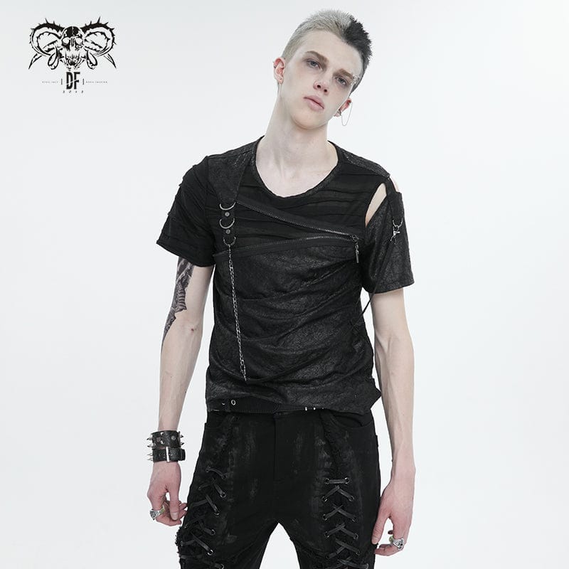DEVIL FASHION Men's Punk Cutout Zipper Strap T-shirt