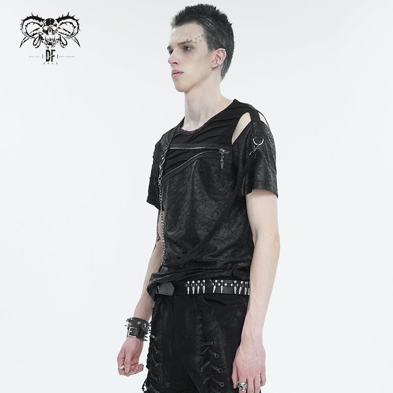 DEVIL FASHION Men's Punk Cutout Zipper Strap T-shirt