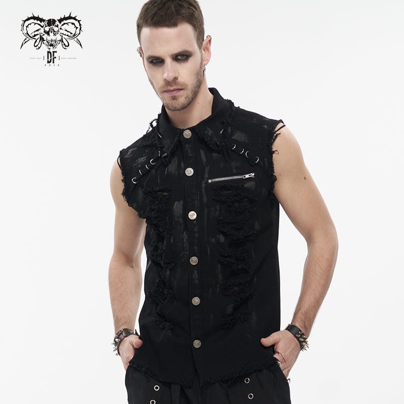 DEVIL FASHION Men's Punk Distressed Ripped Unedged Vest