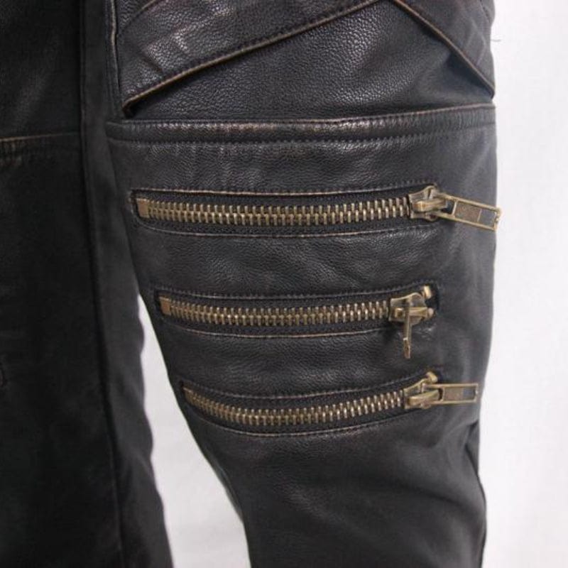 DEVIL FASHION Men's Punk Faux Leather Trousers With Decorative Straps