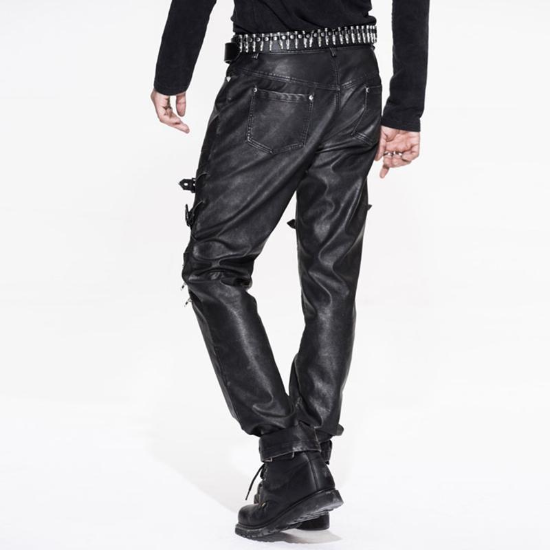 Men's Punk Faux Leather Trousers With Decorative Straps