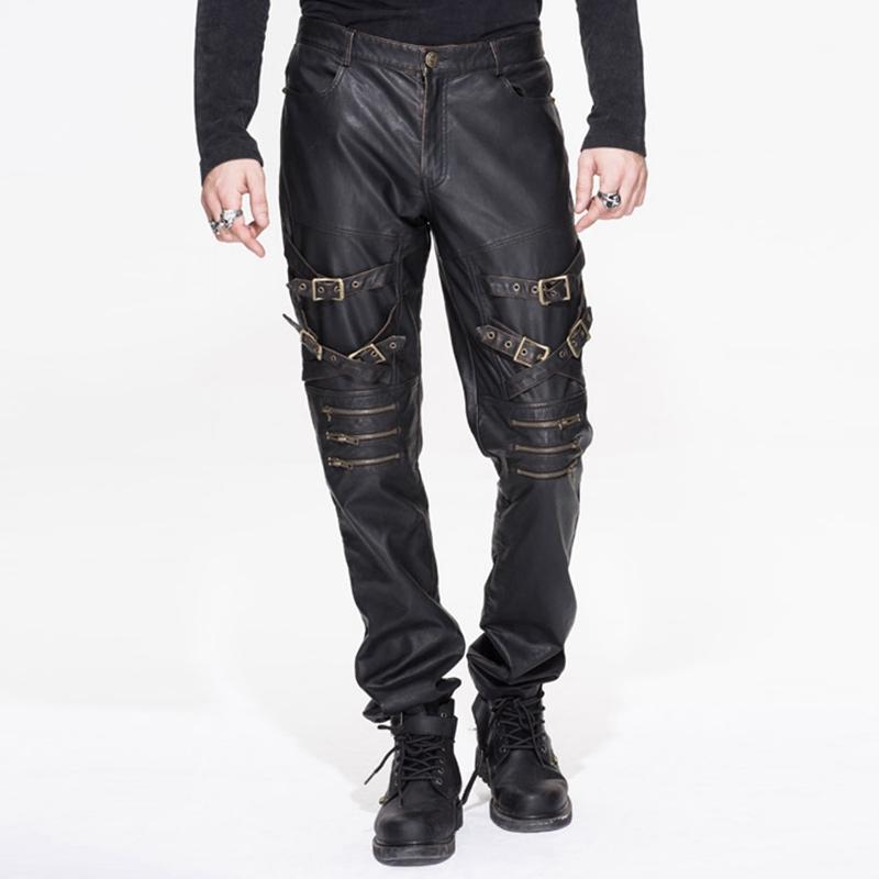 Men's Punk Faux Leather Trousers With Decorative Straps