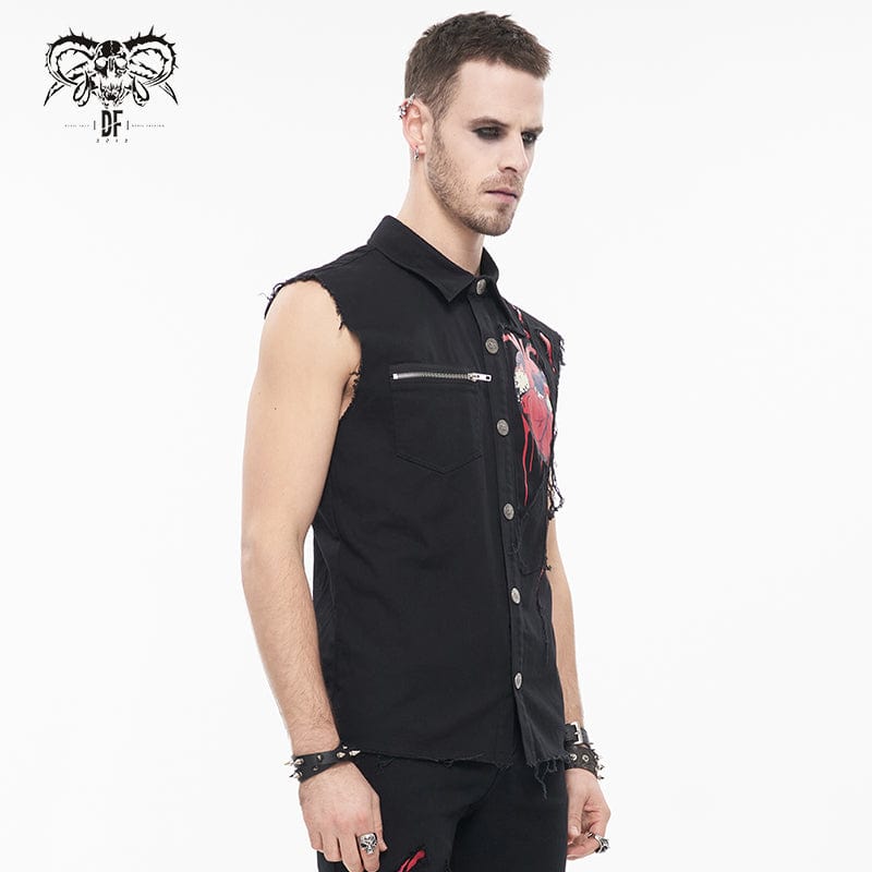 DEVIL FASHION Men's Punk Heart Printed Ripped Unedged Vest