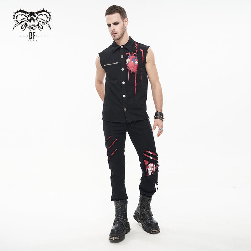 DEVIL FASHION Men's Punk Heart Printed Ripped Unedged Vest