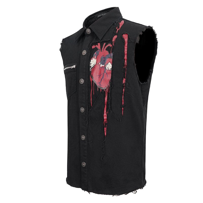 DEVIL FASHION Men's Punk Heart Printed Ripped Unedged Vest