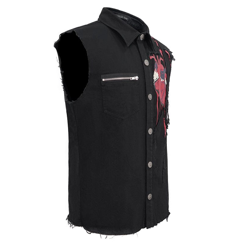 DEVIL FASHION Men's Punk Heart Printed Ripped Unedged Vest