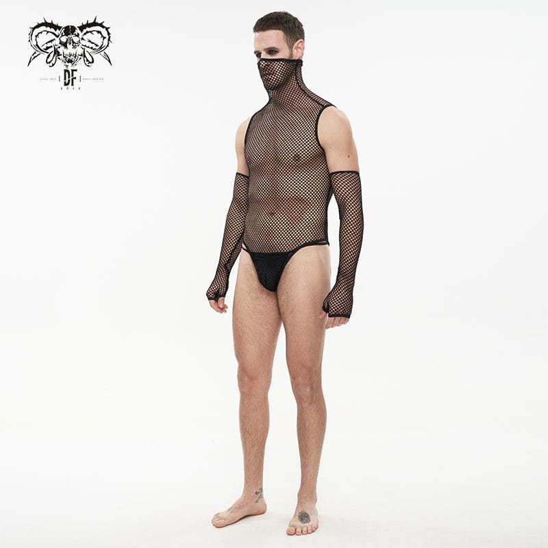 DEVIL FASHION Men's Punk High Collar Mesh Bodysuit with Oversleeves