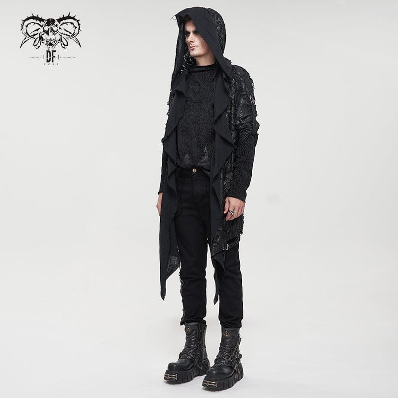 DEVIL FASHION Men's Punk Irregular Ripped Coat with Hood