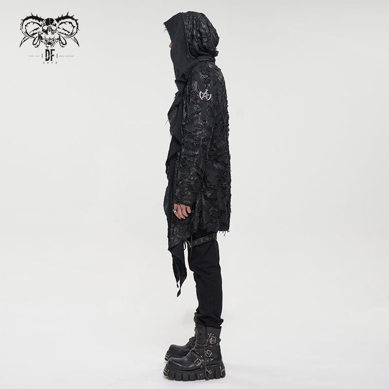 DEVIL FASHION Men's Punk Irregular Ripped Coat with Hood