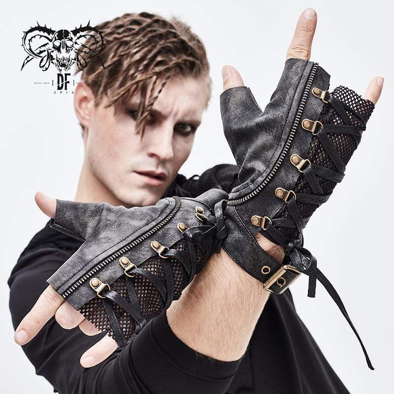 DEVIL FASHION Men's Punk Lace-up Mesh Faux Leather Half Gloves
