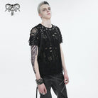 DEVIL FASHION Men's Punk Ripped Strap Mesh T-shirt