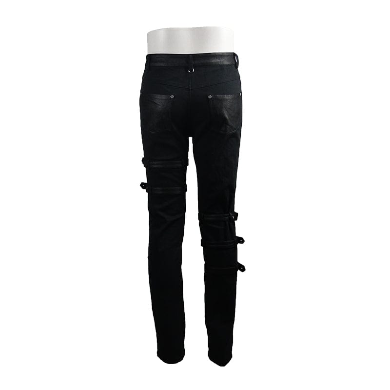 DEVIL FASHION Men's Punk Ripped Straps Straight-leg Pants