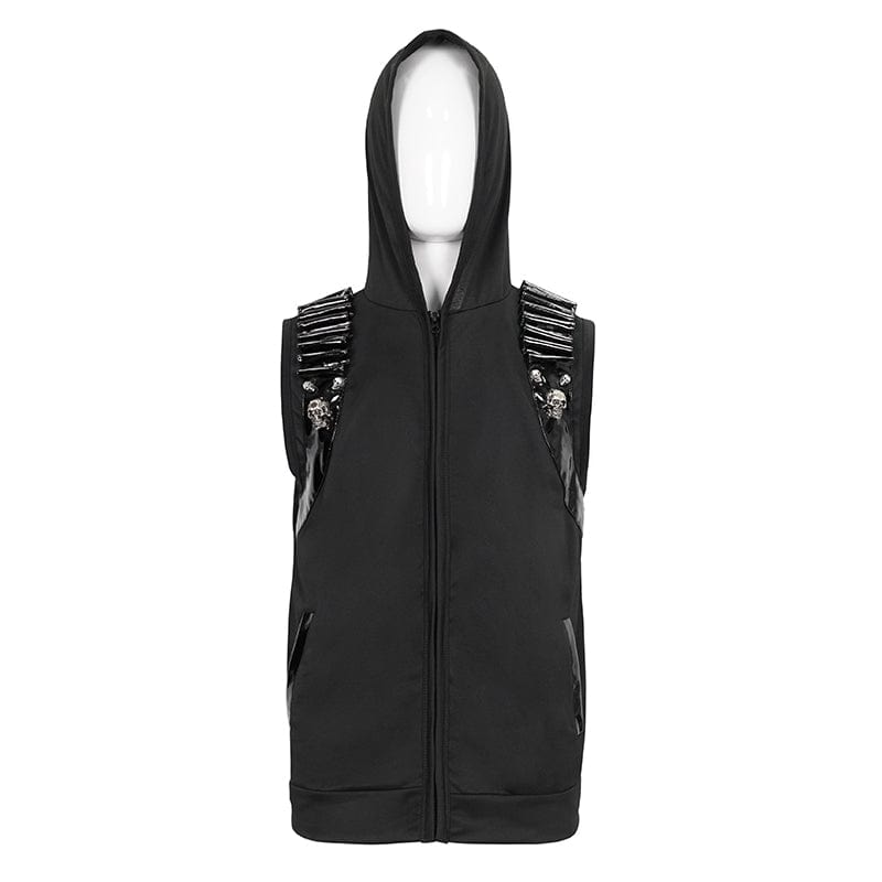 DEVIL FASHION Men's Punk Skull Faux Leather Splice Vest with Hood
