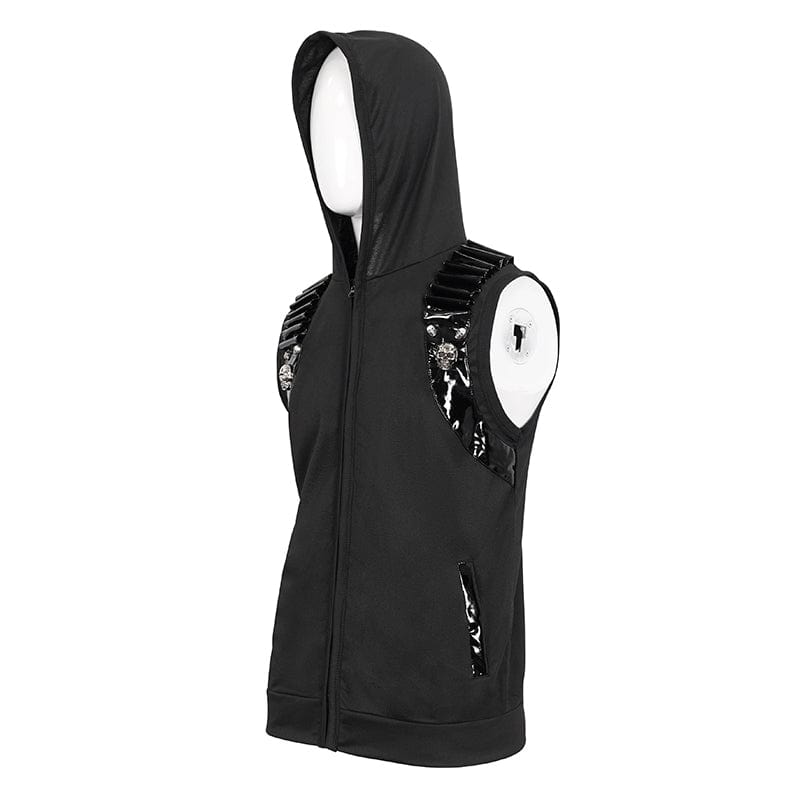 DEVIL FASHION Men's Punk Skull Faux Leather Splice Vest with Hood