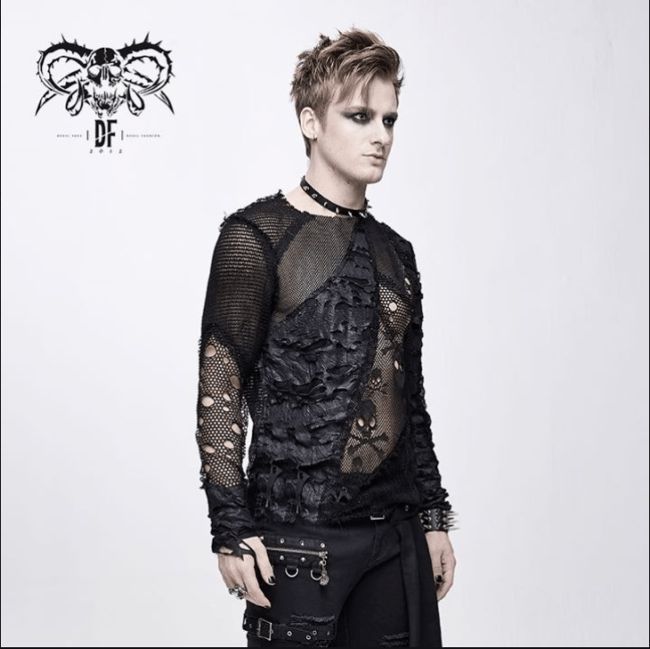 DEVIL FASHION Men's Punk Skull Ripped Long Sleeved Tops