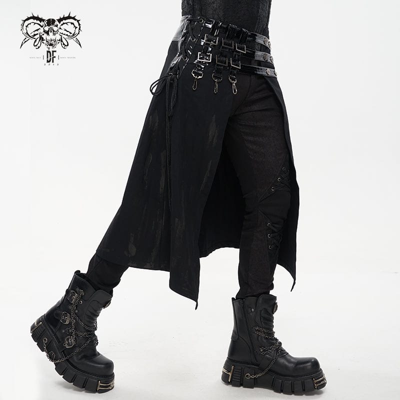 DEVIL FASHION Men's Punk Splice Distressed Kilt with Faux Patent Leather Straps