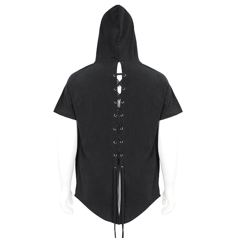 DEVIL FASHION Men's Punk Strappy Mesh Splice Shirt with Hood