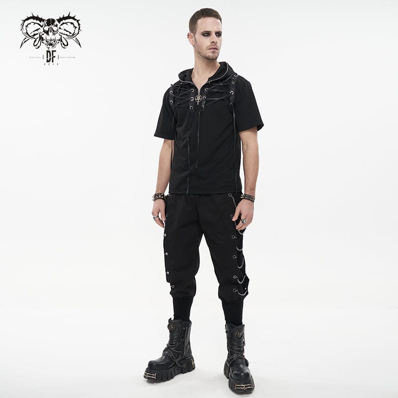 DEVIL FASHION Men's Punk Strappy Star Zipper Shirt with Hood