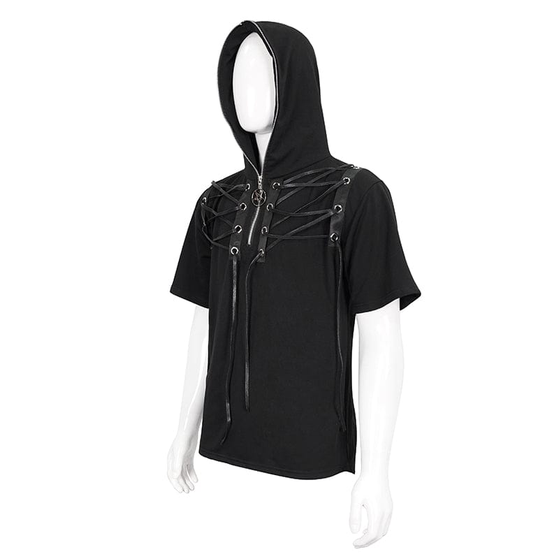 DEVIL FASHION Men's Punk Strappy Star Zipper Shirt with Hood