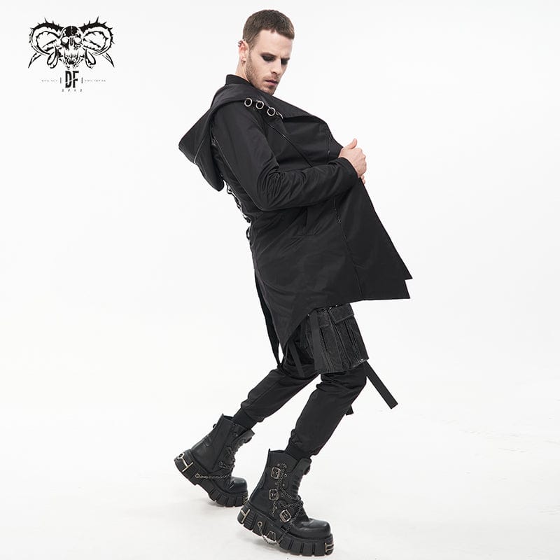 DEVIL FASHION Men's Punk Strappy Swallow-tailed Coat with Hood