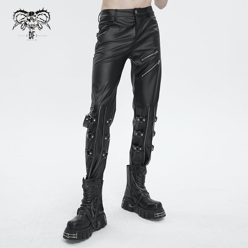 DEVIL FASHION Men's Punk Zipper Faux Leather Pants