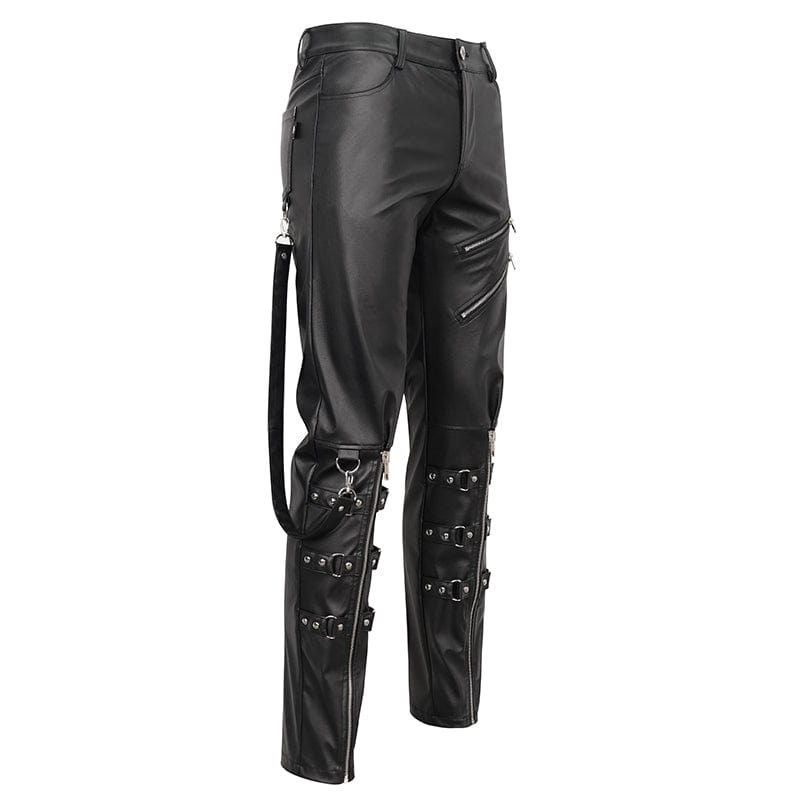 DEVIL FASHION Men's Punk Zipper Faux Leather Pants
