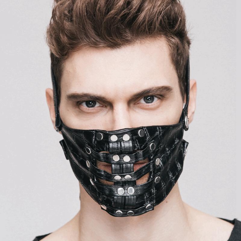 DEVIL FASHION Men's Textured Faux Leather Rivet Punk Mask