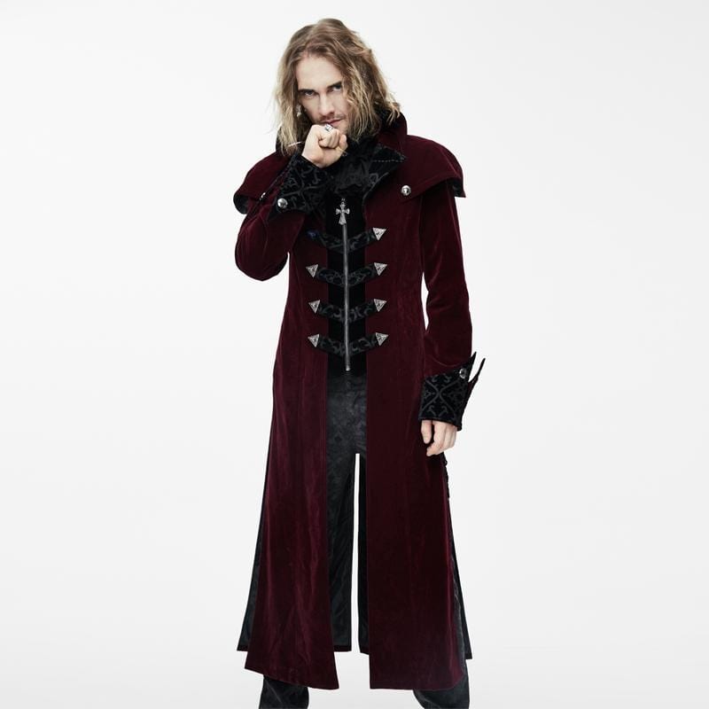 DEVIL FASHION Men's Vintage Goth Overcoat With Leather Details