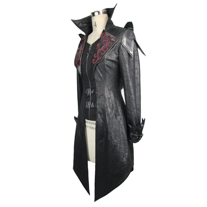 DEVIL FASHION Women's Asymmetric Hem Hooded Goth Coat with Leather Details