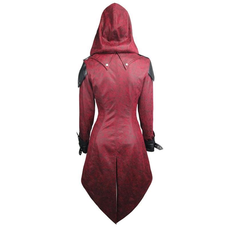 DEVIL FASHION Women's Asymmetric Hem Hooded Goth Coat with Leather Details
