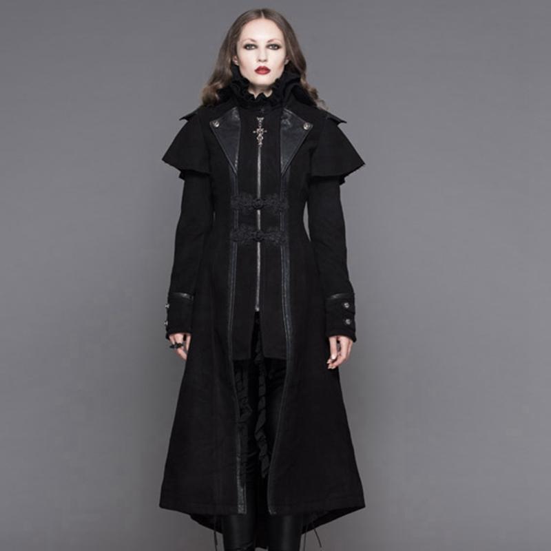 DEVIL FASHION Women's Asymmetric Long Leather Trimmed Goth Coat
