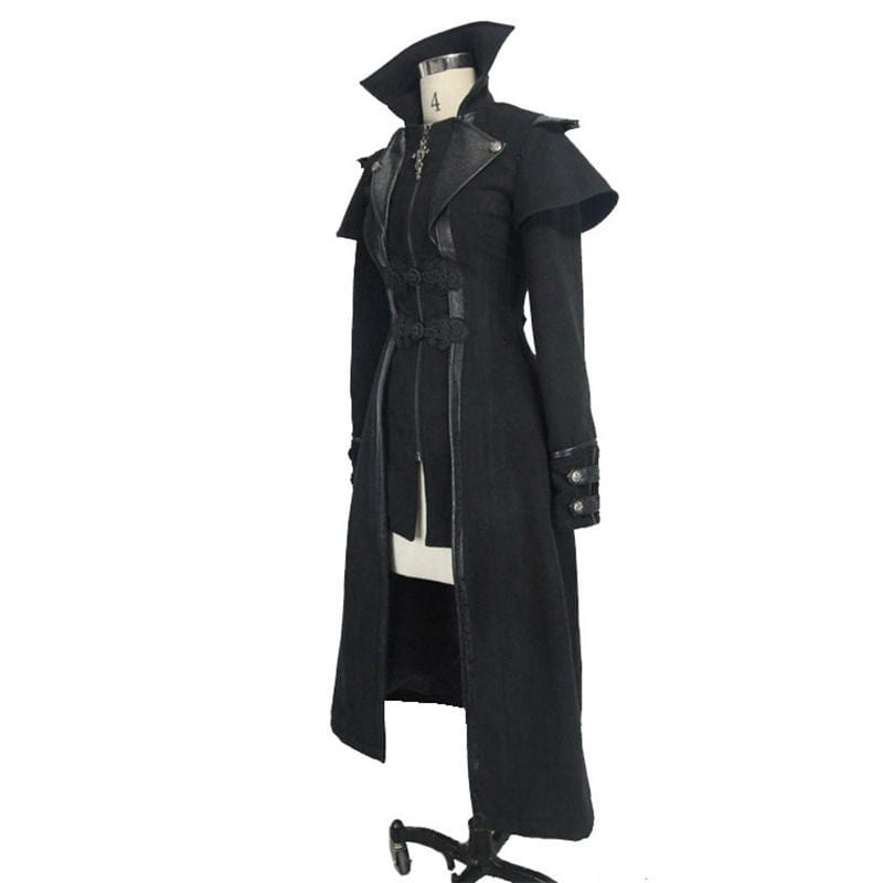 DEVIL FASHION Women's Asymmetric Long Leather Trimmed Goth Coat
