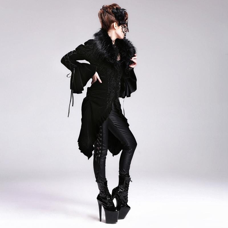DEVIL FASHION Women's Asymmetric Vintage Goth Fur Collar Coat