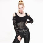 DEVIL FASHION Women's Cold-Shoulder Strappy Steampunk Mesh Top