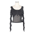 DEVIL FASHION Women's Cold-Shoulder Strappy Steampunk Mesh Top