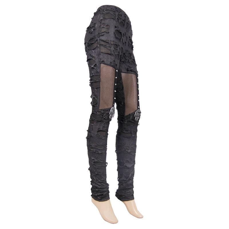 DEVIL FASHION Women's Distressed Faux Leather and Mesh Goth Leggings With Skeletal Hand