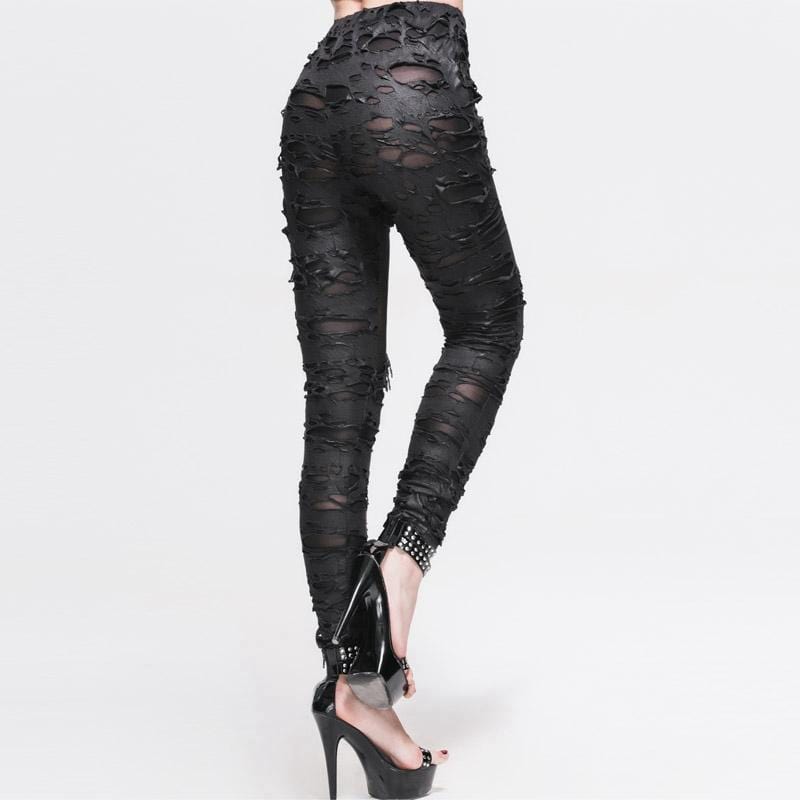 DEVIL FASHION Women's Distressed Faux Leather and Mesh Goth Leggings With Skeletal Hand