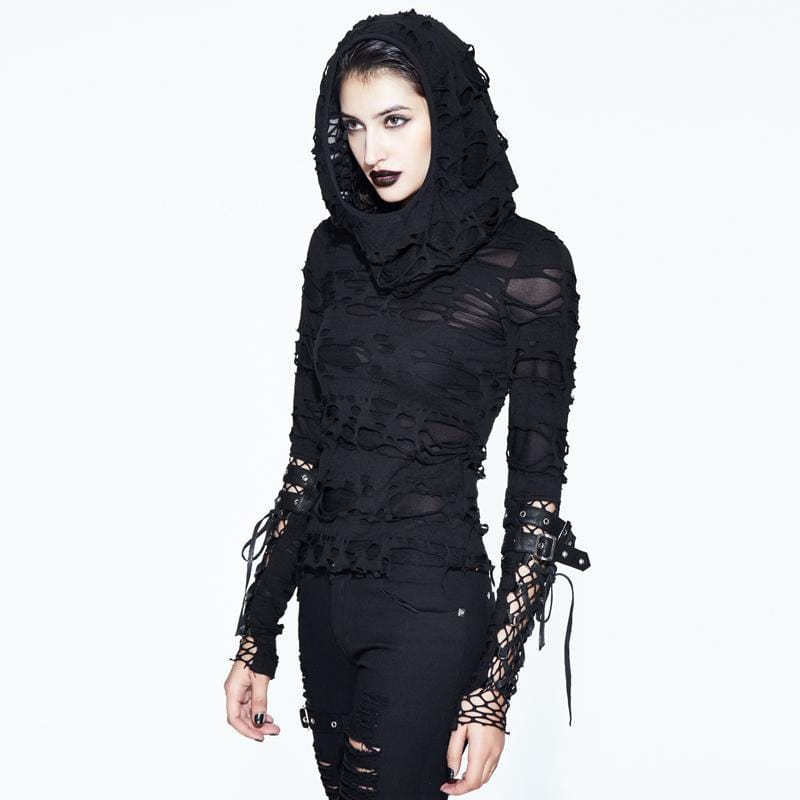 DEVIL FASHION Women's Distressed Hooded Punk Goth Top