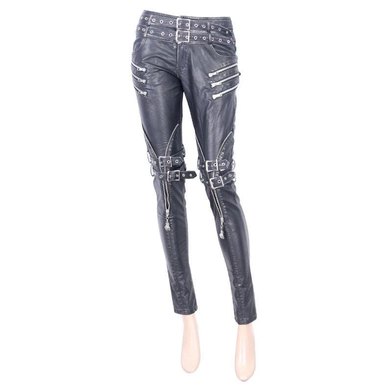 DEVIL FASHION Women's Faux Leather Goth Skinny Pants With Three Zippered Pockets