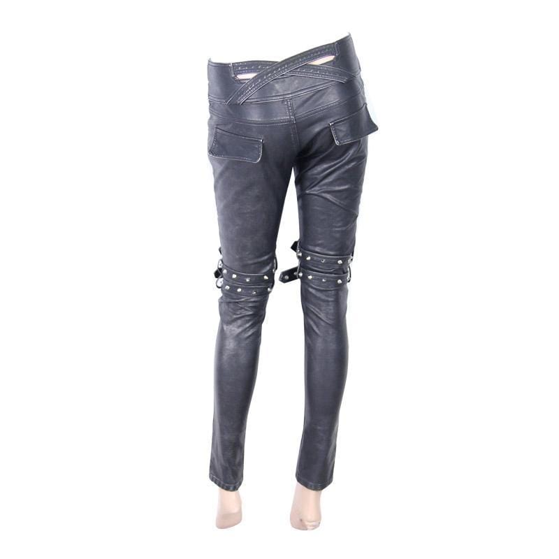DEVIL FASHION Women's Faux Leather Goth Skinny Pants With Three Zippered Pockets
