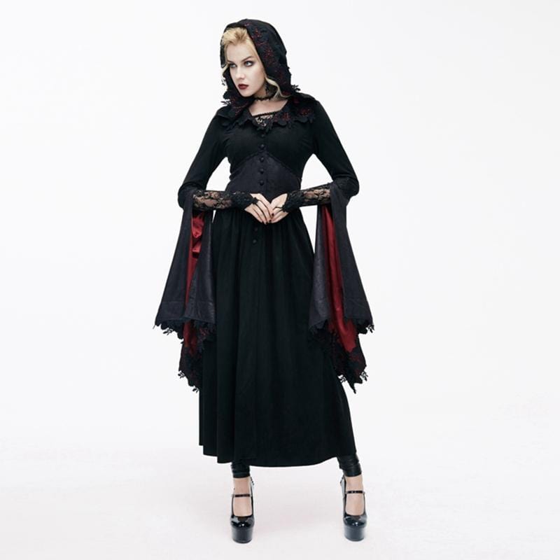 DEVIL FASHION Women's Goth Ankle Dress With Hood and Angel Sleeves