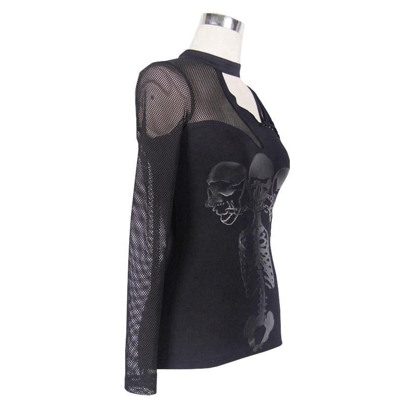 DEVIL FASHION Women's Goth Asymmetric T-Shirt With Skeleton Design