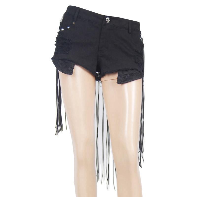 Women's Goth Cutoff Shorts With Detachable Tassels and Skull Button