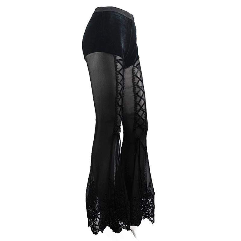 DEVIL FASHION Women's Goth Floral Lace Sheer Bell-bottoms