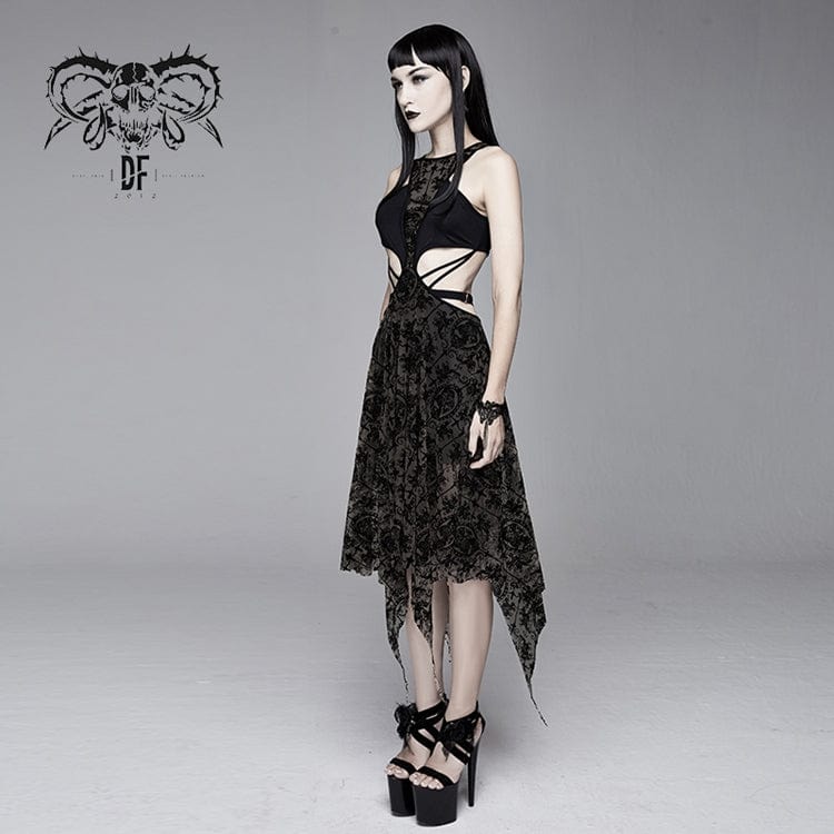 DEVIL FASHION Women's Goth Hollow Out Irregular Floral Dress