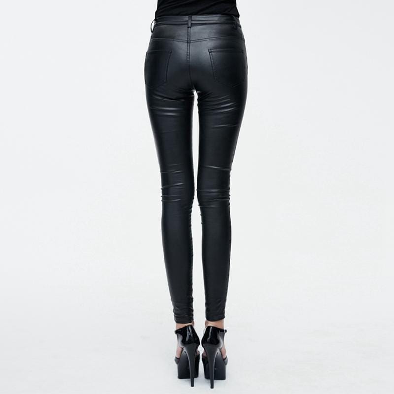 DEVIL FASHION Women's Goth Leather Low Rise Pants With Skull Button