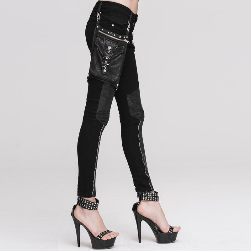 DEVIL FASHION Women's Goth Punk Black Faux Leather Trimmed Trousers