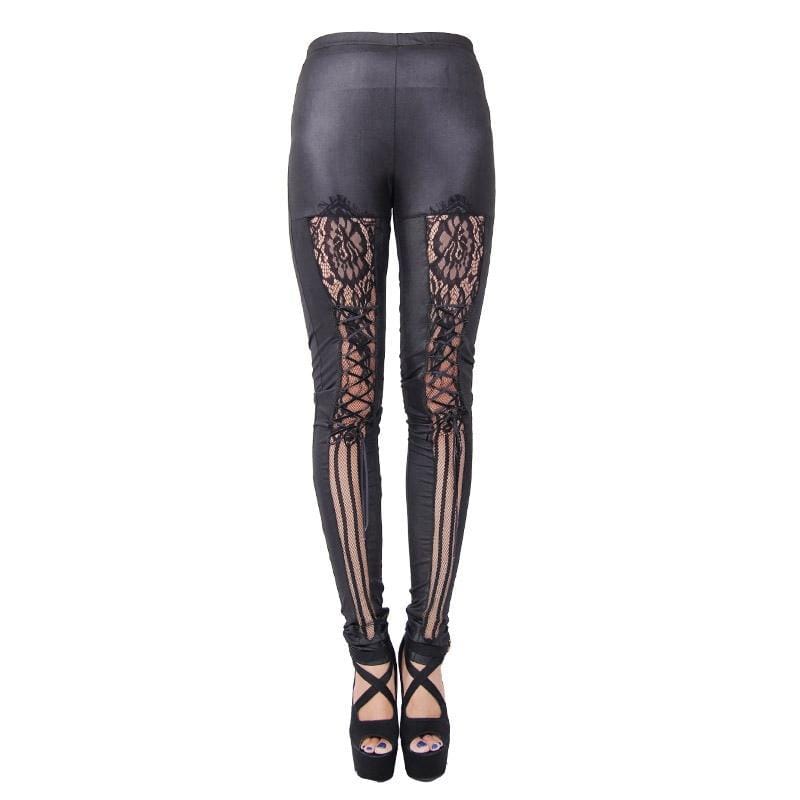 DEVIL FASHION Women's Goth Punk Leggings With Lace Insets