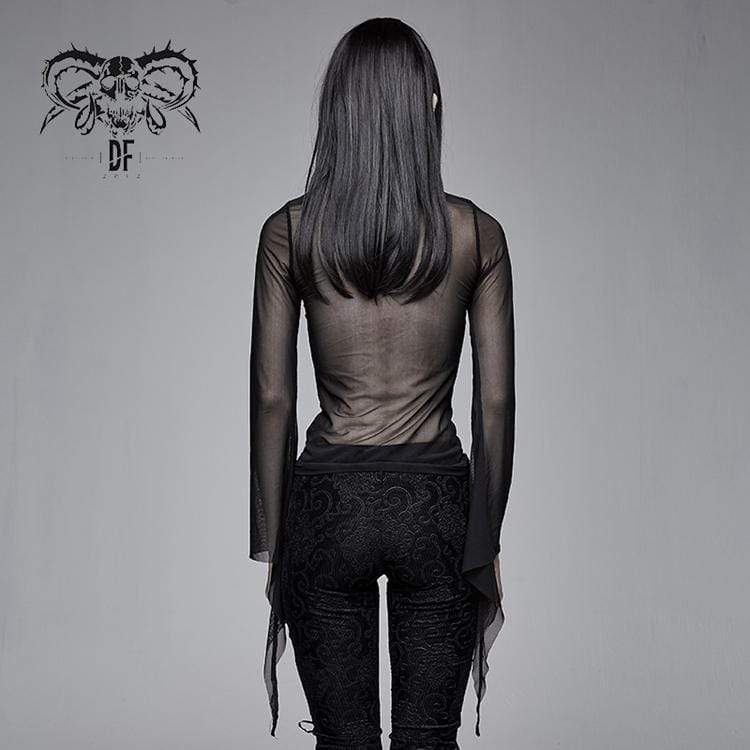 DEVIL FASHION Women's Goth Sheer Flare Sleeved Mesh Tops