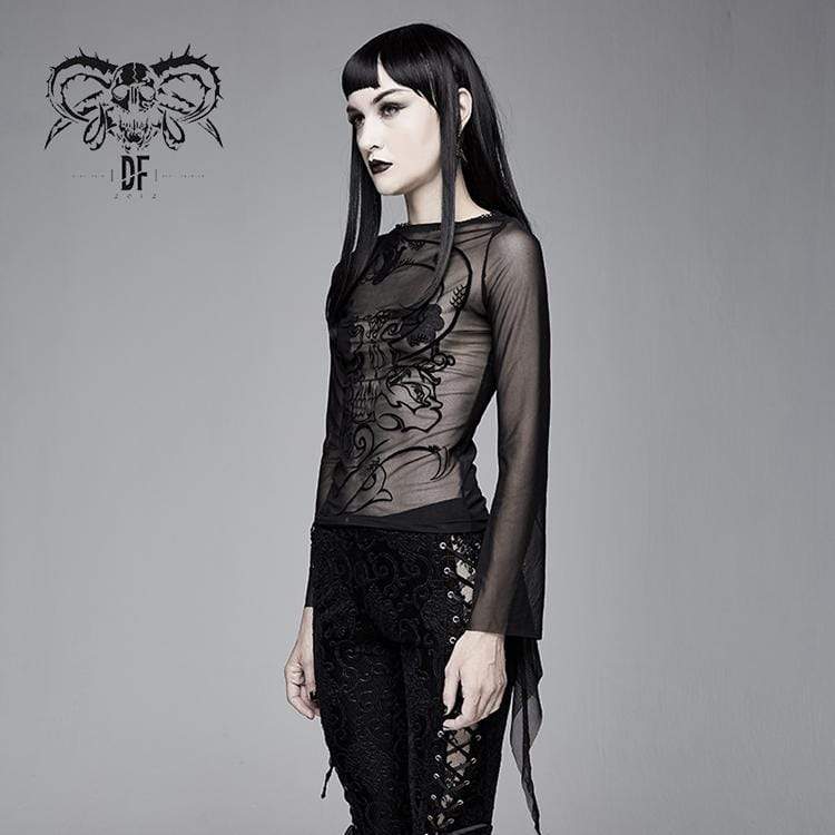 DEVIL FASHION Women's Goth Sheer Flare Sleeved Mesh Tops